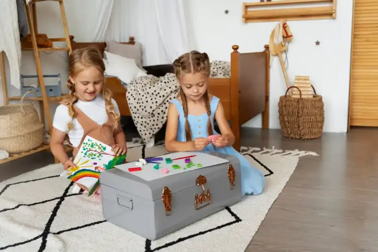 organized family home with kids tidying playroom