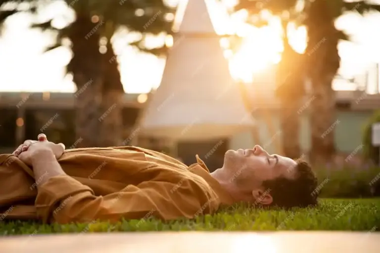 relaxed person breathing outside natural light