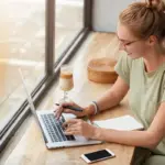 young student working and studying laptop cafe